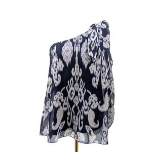Boho One Shoulder Chiffon Blouse Navy Beige Ikat 3rd & Malt XL